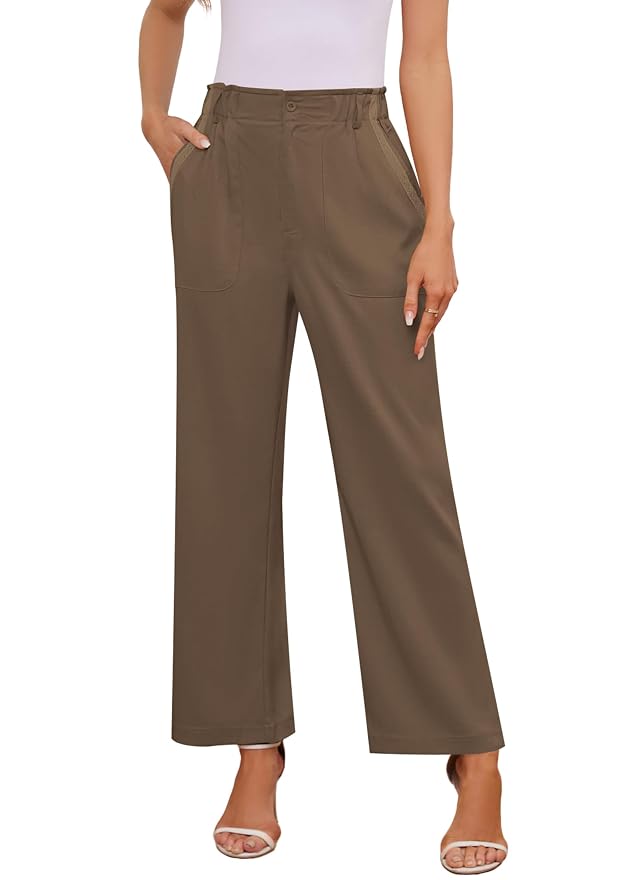 Womens Brown High Waisted Wide Leg Dress Pants - Casual Palazzo Trousers - Medium