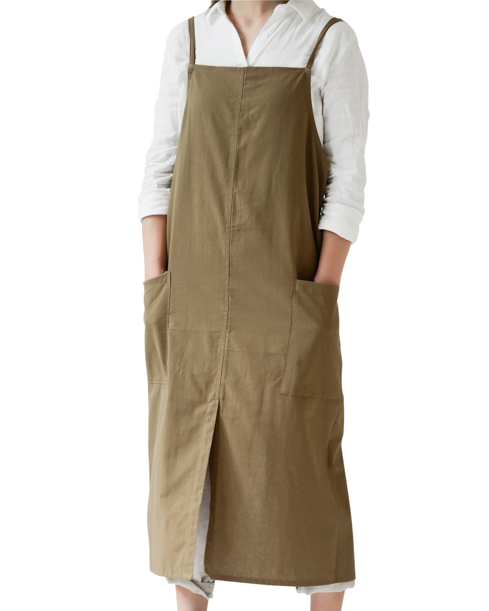 Japanese Style Apron Adjustable Waterproof Cotton Linen Women Pinafore with Big Pockets for Flower Shop Cafe Crafting Baking Casual Solid Color Aprons