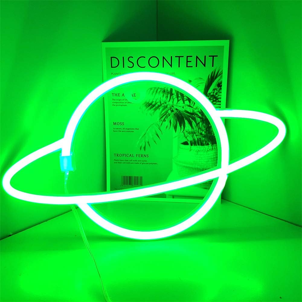 ENUOLI Neon Signs Planet Wall Green Night Lights Wall Decor Space Planet Hanging Neon Light for Home Bedroom Bar Club Christmas Wedding Party (Green)