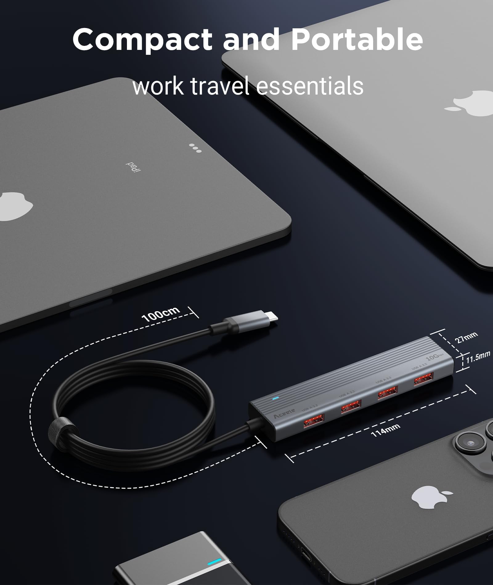Aceele Hub USB C, 10 Gb/s, rozdzielacz USB 3.2 z ładowaniem PD 100 W, aluminiowy przedłużacz USB C z przedłużaczem 1 m do komputera, MacBooka, PS4/5, Surface Pro, Dell