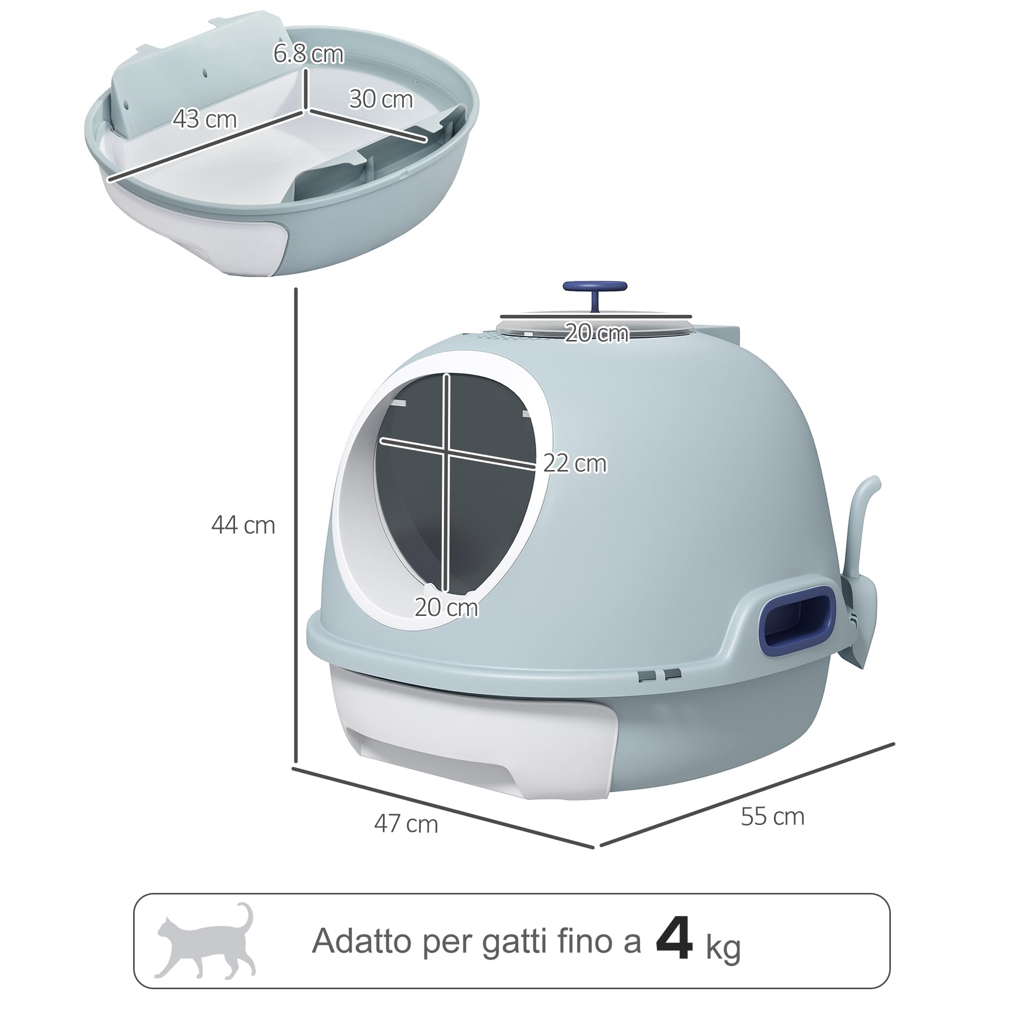 PawHut Lettiera per Gatti con Coperchio, Lettiera Gatto Chiusa con Vassoio Estraibile, 2 Ingressi e Paletta, 47x55x44cm, Azzurro