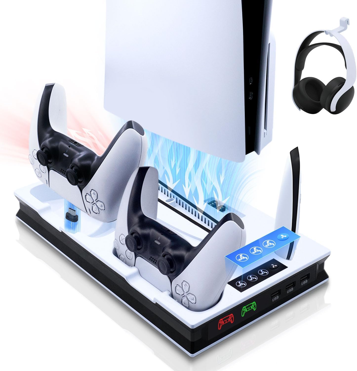 Support de Refroidissement pour PS5 Pro, PS5 Slim UHD/Digitial Edition Ventilateur Station de Refroidissement, Chargeur Manette, avec Support de Casque, 3 USB - Blanc