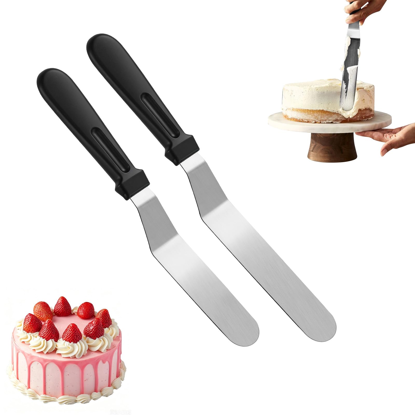 AUAUY 2PCS Icing Spatulas, Cake Spatula Baking with 15cm & 20cm Stainless Steel, Cake Angled Offset Spatulas, Durable Plastic Handle, Palette Spatula for Cakes Decorating Pastry and Baking