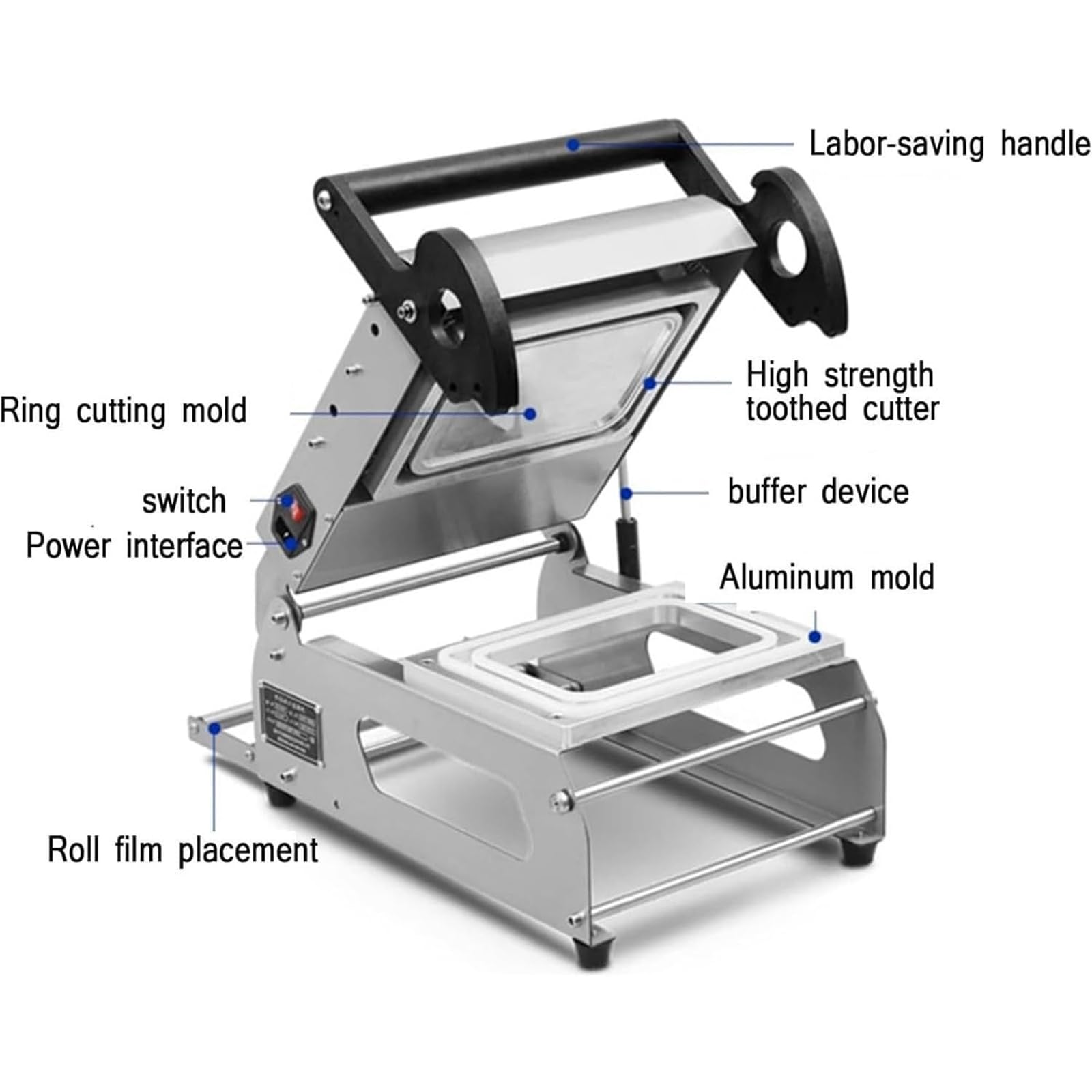 Máquina de envasado de alimentos para llevar, sellador manual de bandejas, 600 W, capacidad de producción: aprox. 480 cajas/h, rango de temperatura: 0-200 ℃, ideal para tiendas de delicatessens y