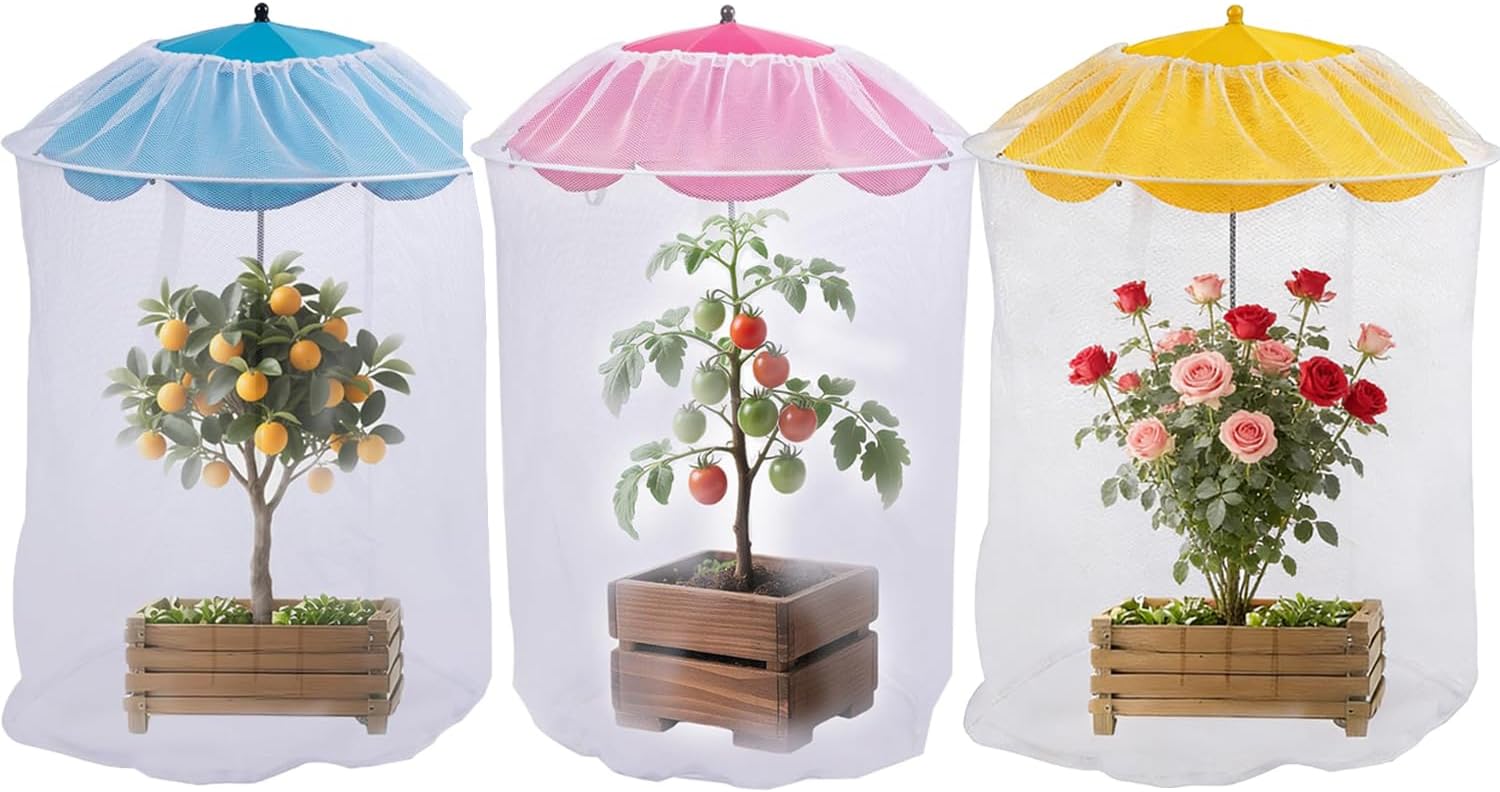 3 Pack 25.9" 2-in-1 Plant Umbrellas with Net Cover, Adjustable Plant Sun Shade with 3.9x2.2 ft Mesh Enclosure,Garden Umbrella, Citrus Trees, and Flowers from Birds and Insects