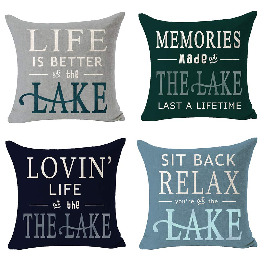 NIDITW Set of 4 Life is Better at The Lake Cotton Burlap Decorative Square Throw Pillow Case Cushion Cover for Couch Living Room 18 inches (E)