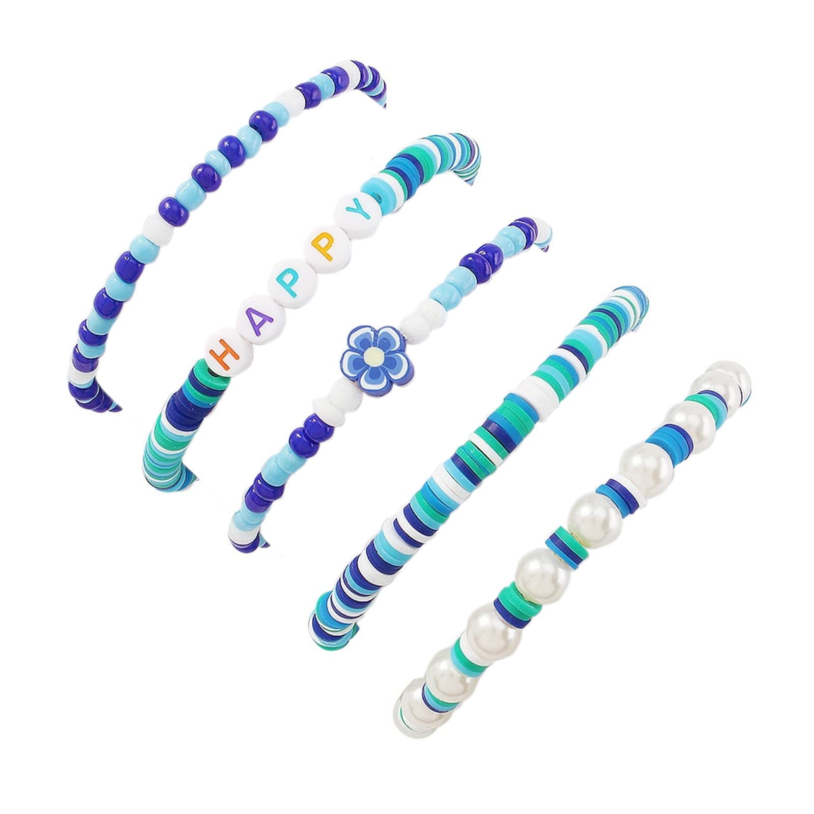 Caiyao5Pcs Bohemian Inspiration Word Heishi Vinyl Disc Beaded Bracelet Set for Women Tai Chi Flower Imitation Pearl Soft Clay Stretchy Stackable Bracelet Summer Beach Surfing Jewelry