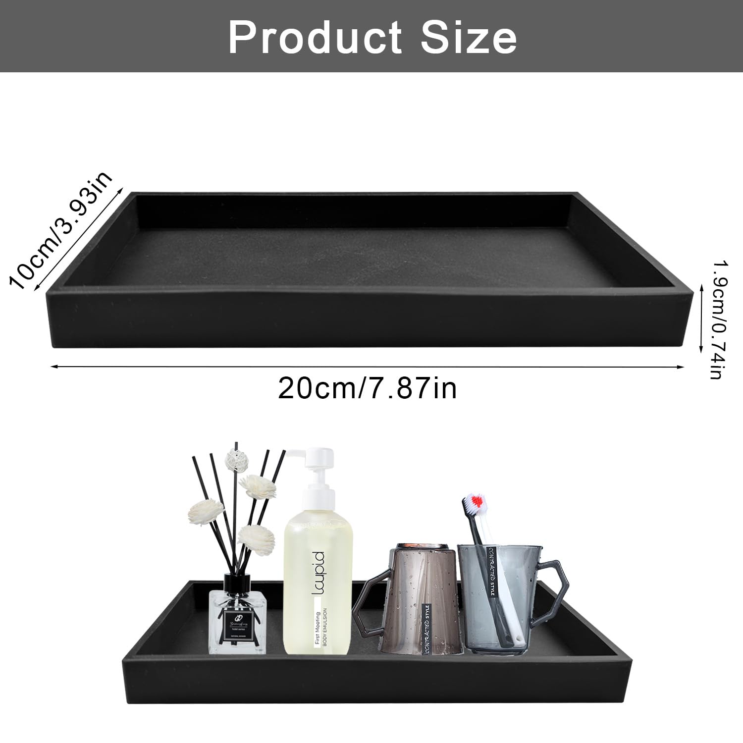 2 Piezas Bandeja Negra, 20x10x2cm Bandeja Baño, Silicona Antideslizante, Reutilizable Bandeja de Baño Adecuado para Colocar Gel Ducha Tazas Toallas Cosméticos Joyas