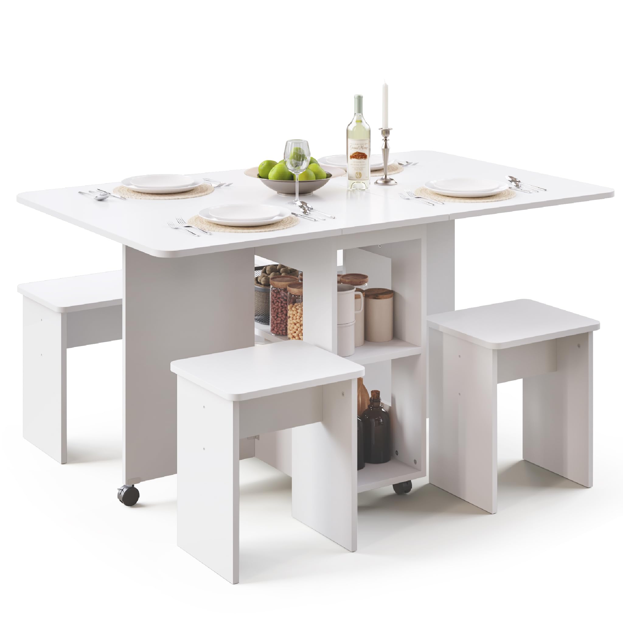 Mondeer Folding Dining Table and Chairs Set 4, Drop Leaf Table for Small Spaces with 4 Chairs, Foldable Table with Storage Shelf, for Kitchen Dining Room (Red Oak and White) — view 8