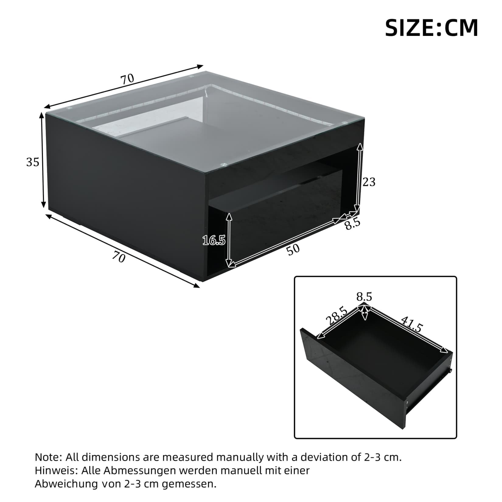 Table Basse Salon Brillante 70x70x35cm,Table D'appoint,Meuble Bas Rangement avec Lampe LED Réglable,Table en Verre trempé,2 Tiroirs,pour Bout de Canape,Bureau,Salon (Noir)
