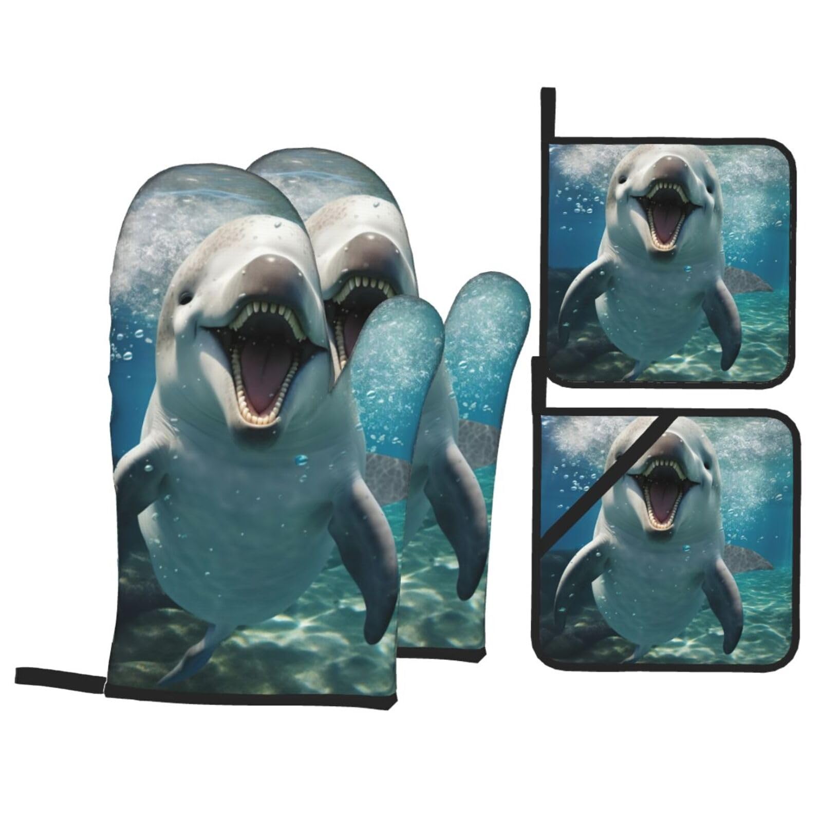 Funny Animal Dolphin Print 4-Piece Oven Microwaving Set Waterproof Kitchen Gloves for Baking Grilling Cooking