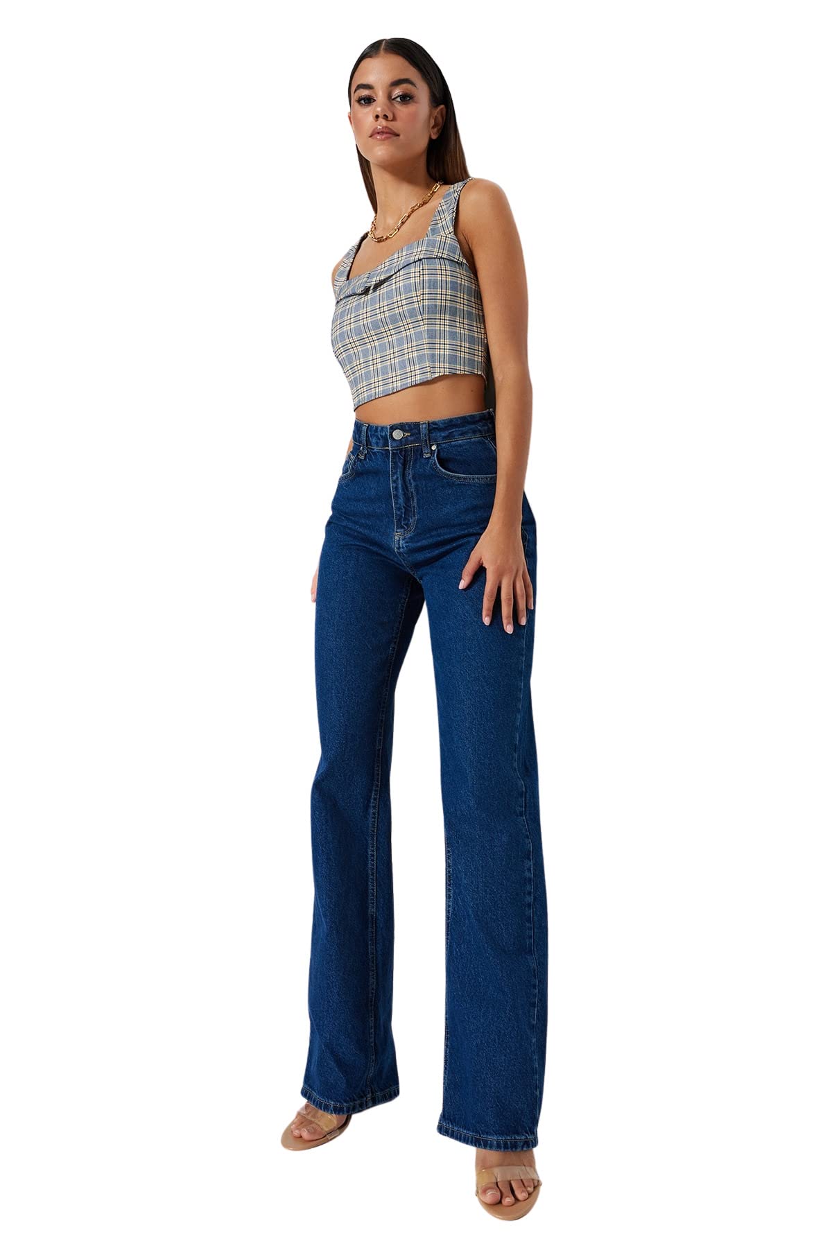 Trendyol Women High Waist Wide Leg Wide Leg Jeans,Blue,32