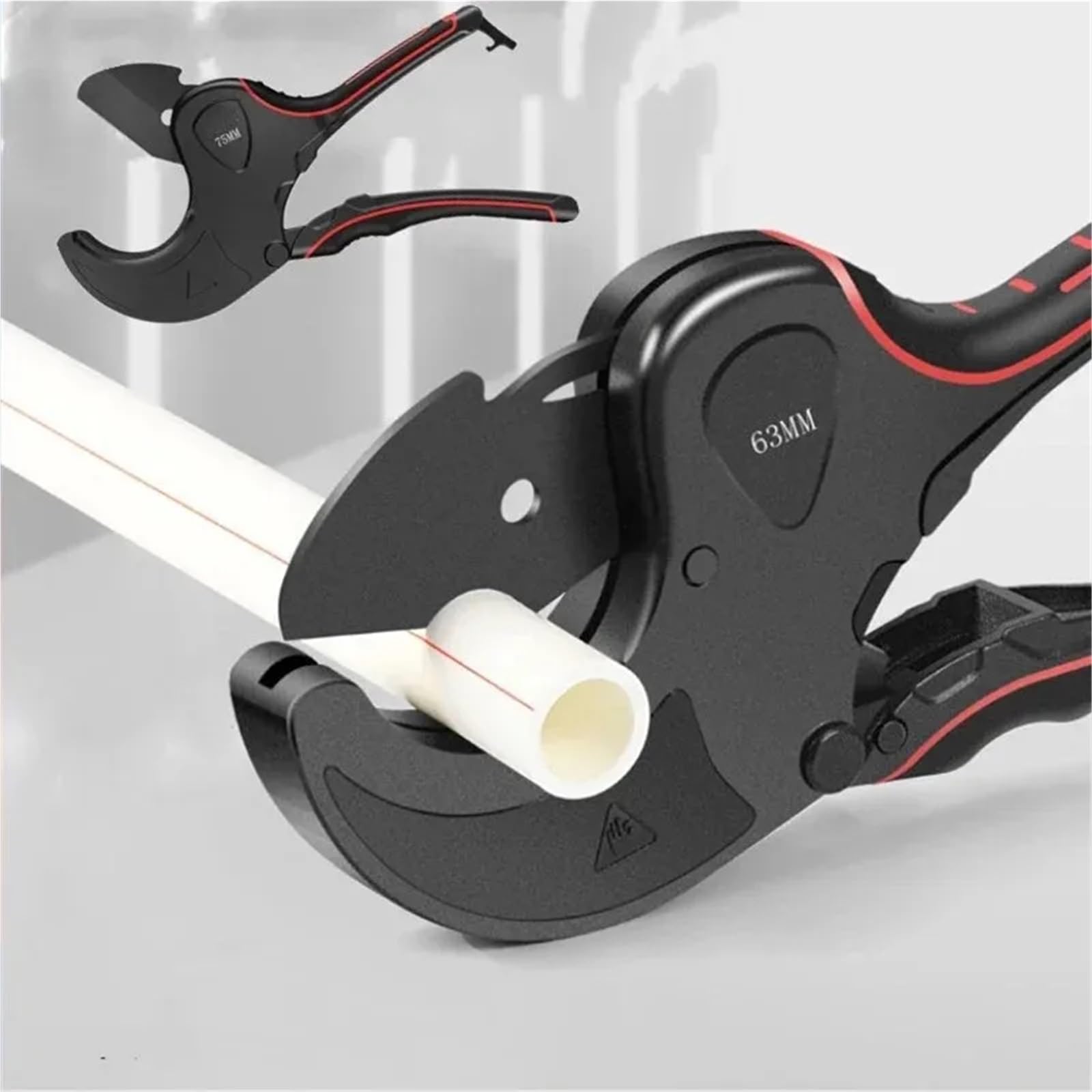 Cortador de tubos 32 mm a 75 con cuerpo aleación aluminio, trinquete, tijera, cortador PVC, PU, PP y PE, herramienta manual for cortar mangueras para Herramientas de Electricista(75mm)