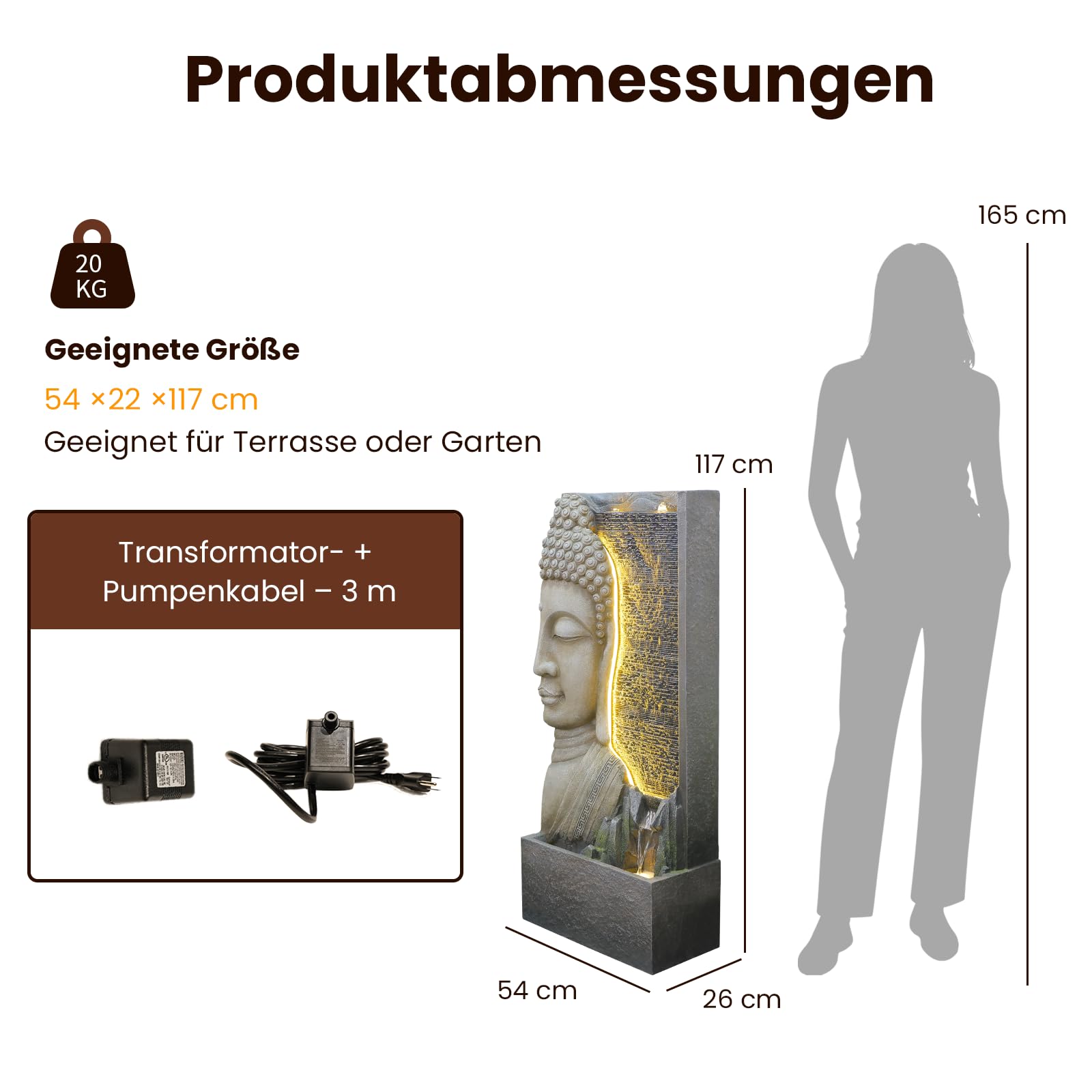 Sunlinua 117cmH Zen-Buddha Gartenbrunnen mit LED, Wasserfall mit Doppel-Bubblern und Bachlauf, Harz-Statue für Terrasse, Garten, Veranda, Meditations-Dekor, Grau