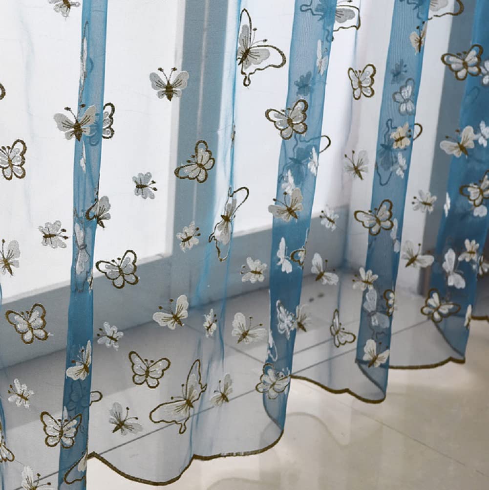 HooHero Sheer Curtain Gauze Tulle Blue Butterfly Embroidery