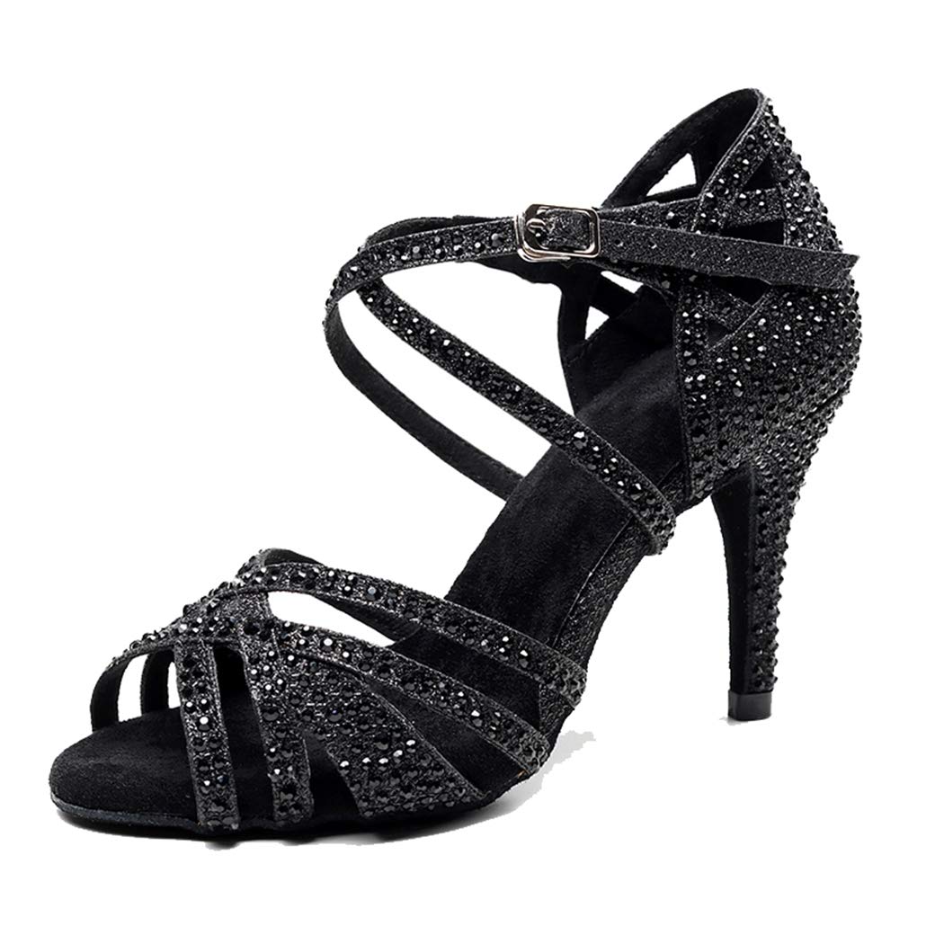 Sandalias de baile moderno latino con correa cruzada para mujer, con diamantes de imitación de tango social, bailes, Tacón marrón de 9 cm. — view 8