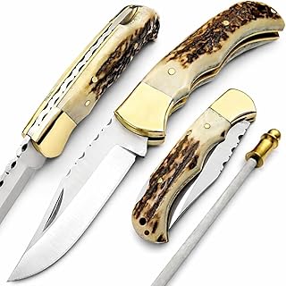 Best.Buy.Damascus1 Ultimate Folding Pocket Tool – Deer Antler Handle, 420C Steel, EDC for Outdoor, Camping, Survival & Daily Carry