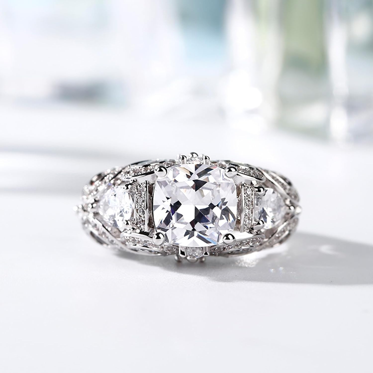 Jeulia Vintage Lace Design Cushion Cut Sterling Silver Ring Cubic Zirconia CZ Engagement Anniversary Eternity Promise Wedding Band Ring for Women