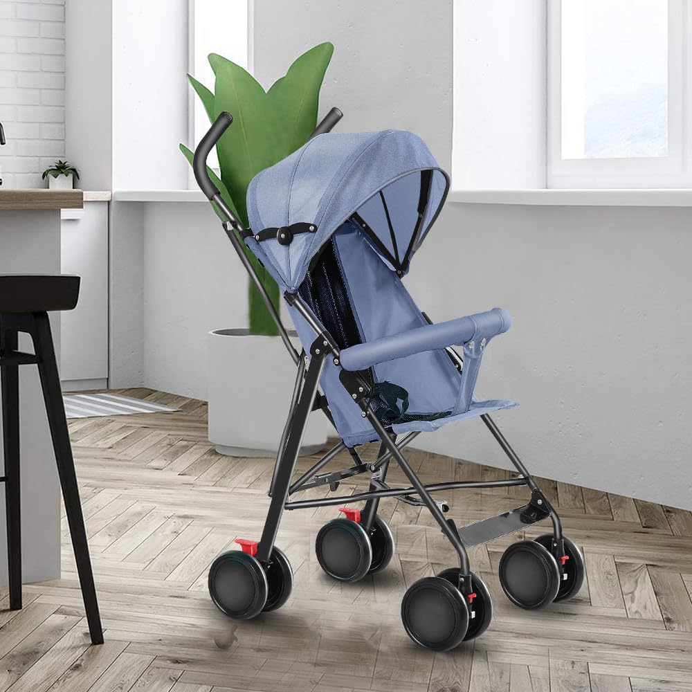 Poussette 4 roues, Poussette canne compacte Ingenious,Poussette Canne Bébé 0-4 Ans Pousette Compact et Légère Voyage,45 * 67 * 100cm, version assise, capote en trois parties, avec moustiquaire, bleu