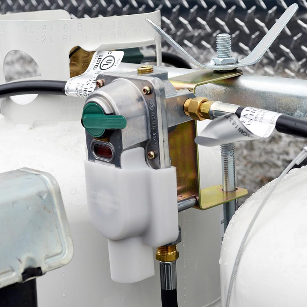 Mr. Heater F273776 Propane Auto-Changeover Two Stage Regulator installed on an RV with two propane tanks