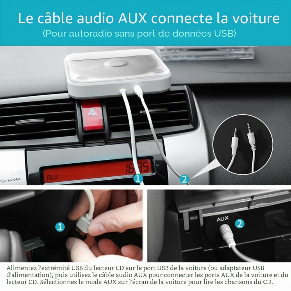 Lecteur CD de voiture, USB, portable, lecteur CD externe, connexion AUX, système de divertissement pour ordinateur de maison et de télévision, avec plusieurs ports de connexion, pour système
