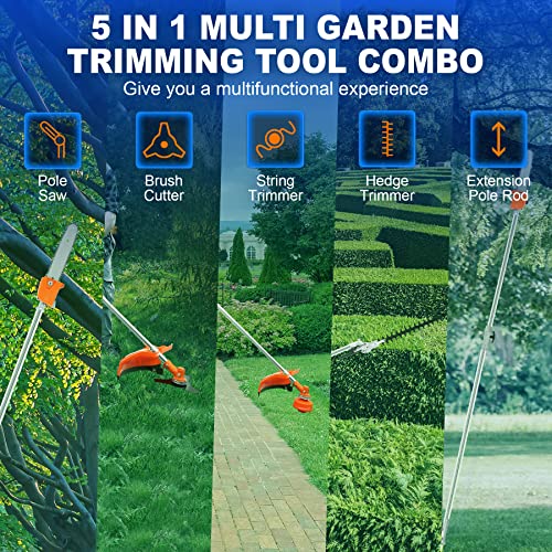 Iglobalbuy 52cc 5 in 1 Multifunction Trimming Tools Grass Cutter String Trimmer Brush Cutter 2 Cycle Gas Hedge Trimmer Pole Saw with Extension Pole Chainsaw Earmuffs CE Certificate