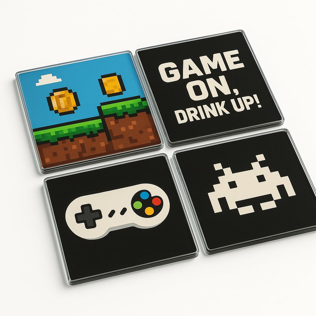 The Plum Penguin Pixel Playgrounds Acrylic Coaster Gift Set Of 4 With Bold Pixel Art - Playful Man Cave Decor For Gamers' Drinks