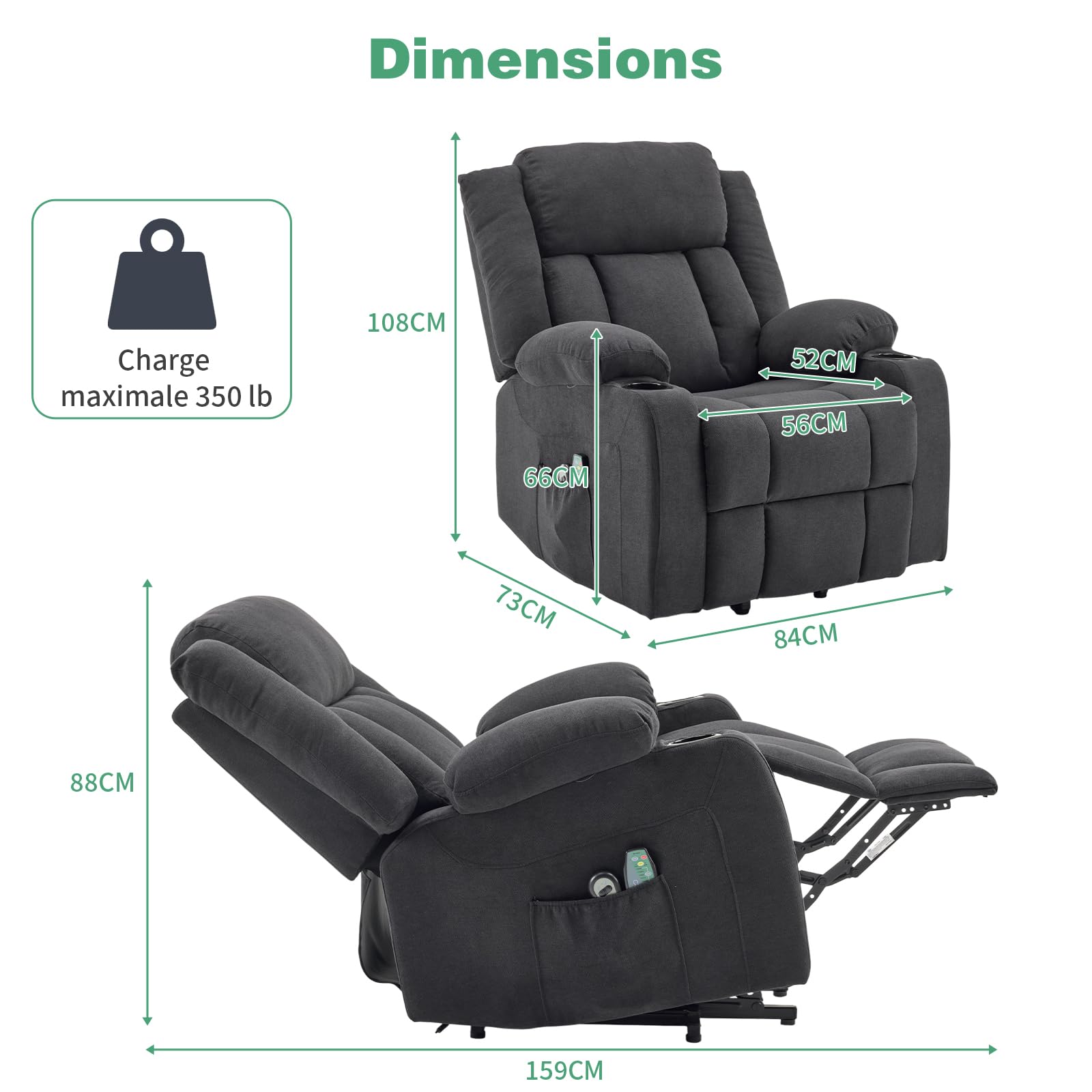 LEADZM Sillón elevador eléctrico relax con función de masaje y calor | inclinación ajustable y reposapiés, mando a distancia incluido, Schwarz