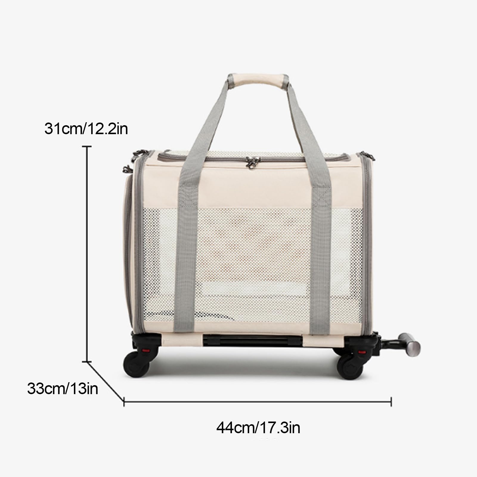 Mochila De Viaje con Ruedas, Bolsa Trasportín De Viaje para Perros Gatos, Transportador con Almohadillas Y Manija Telescópica para Mascotas Pequeñas Medianas,Beige