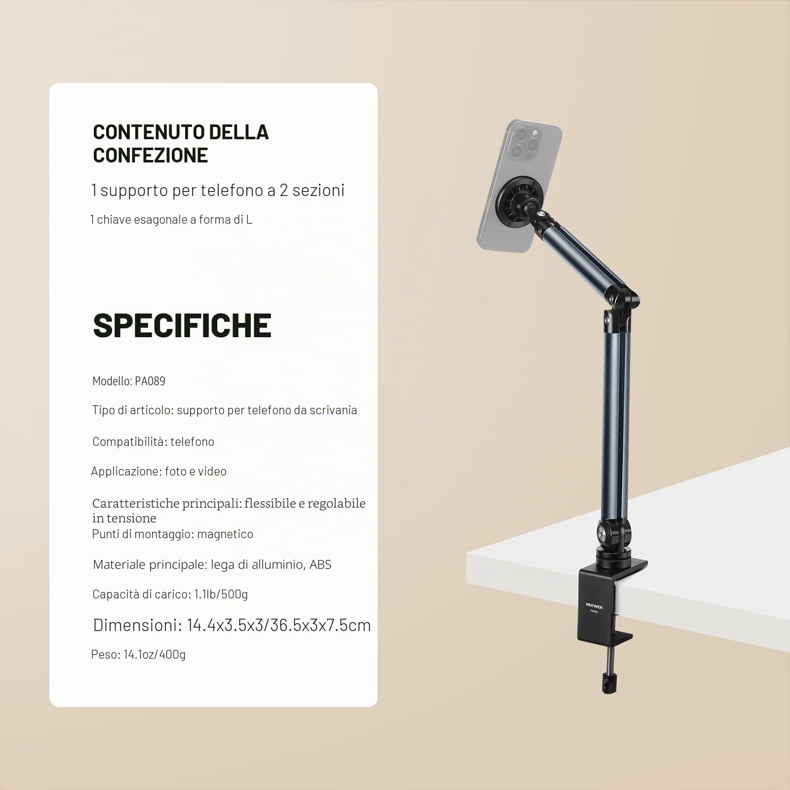 NEEWER BASICS PA089 - Supporto magnetico per telefono cellulare, per scrivania e letto, regolabile in tensione, compatibile con MagSafe iPhone 16, 15 Pro Max Plus, 14, 13, 12, per riprese video