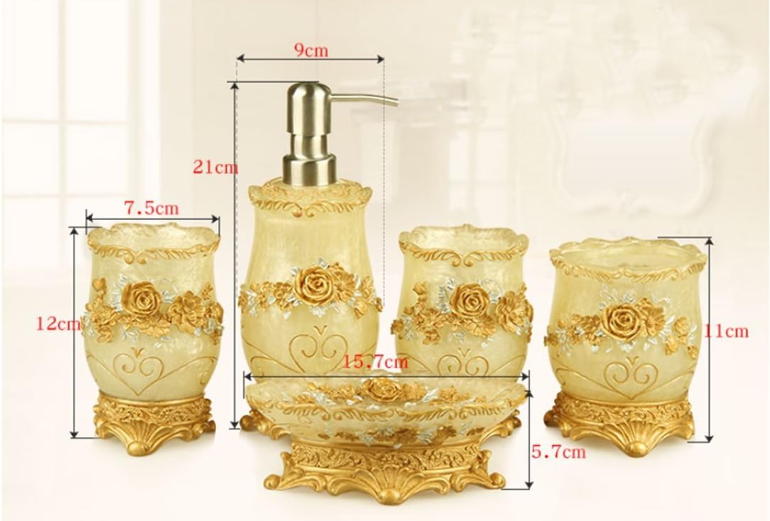 Luxury Baroque Gold Bathroom Accessories Set, 5 PCS Resin Bath Ensemble Including Soap Dispenser, Toothbrush Holder, Tumblers, Soap Dish