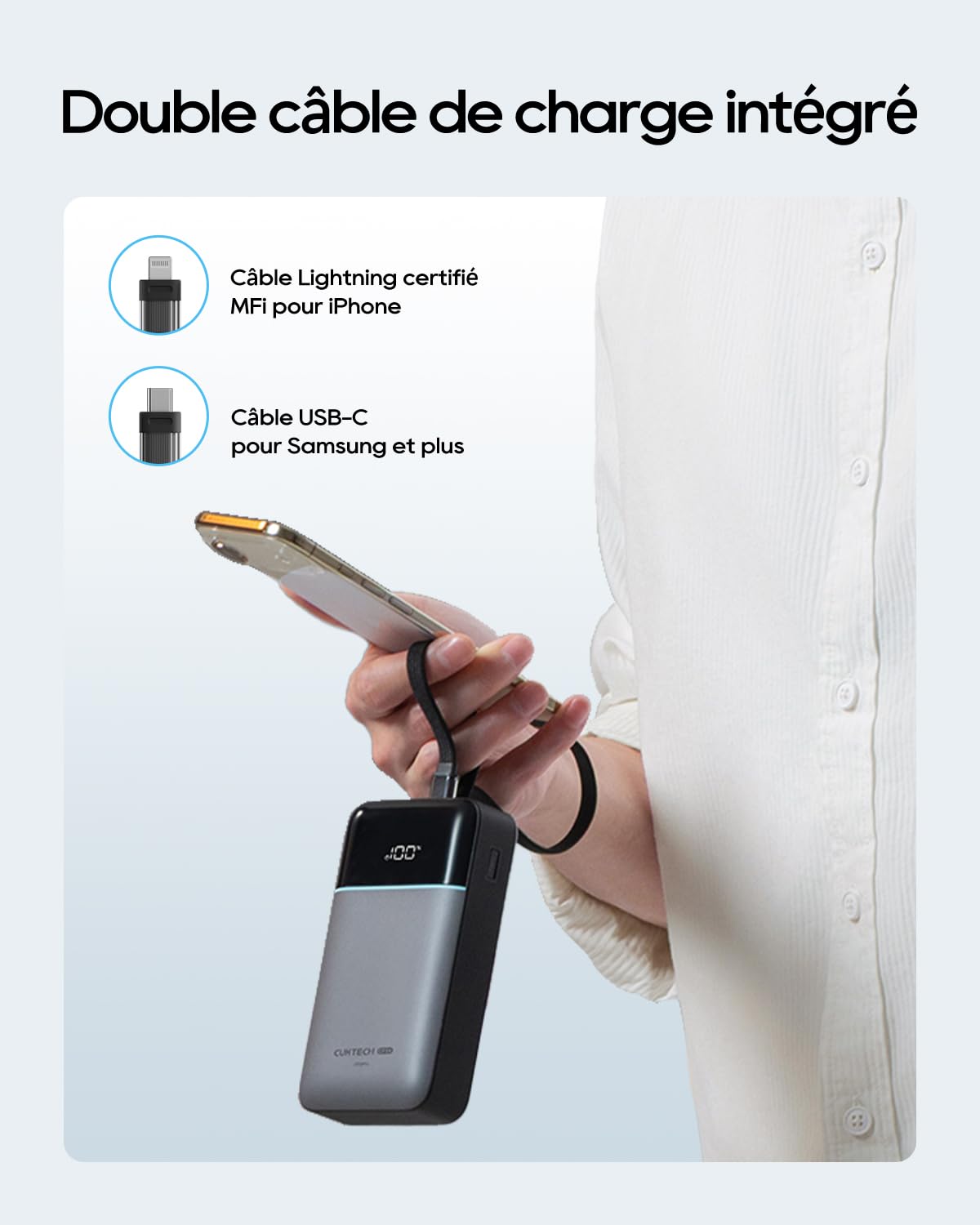 CUKTECH 40W 20000mAh Batterie Externe, Câble Intégré, Certifiée CCC & MFi