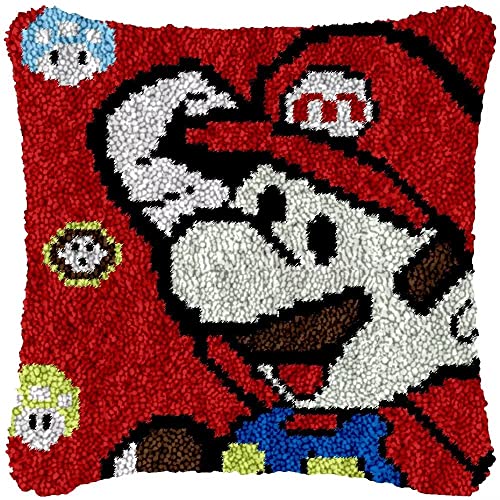 ROCKY&CHAO Latch Hook Cushion Kits Mario 43x43cm Latch Hook Pillow Case Kits Embroidery Kits Carpet Set DIY Needlework Pillow Cover Sofa Cushion Rug Making Kits