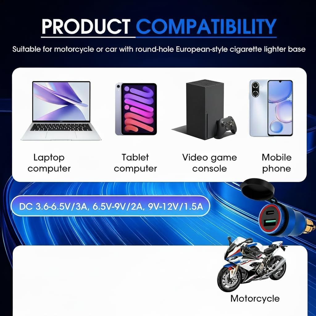 30W Cargador Enchufe DIN para Motocicleta Aluminium Admite Carga Rápida Type C+USB Integra un Indicador LED de Energía a Prueba de Agua para 12V-24V BMW Ducati Triumph