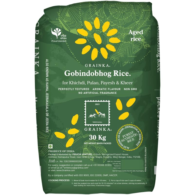 Grainka Gobindobhog Rice || 30 KG || Aged rice || Premium Aromatic || Ambemohar/Jeera Samba || Chemical Free and Nutrient Rich Rice || No Preservatives (Pack of 1) (B0DFYS1KSP) Amazon Price History, Amazon Price Tracker