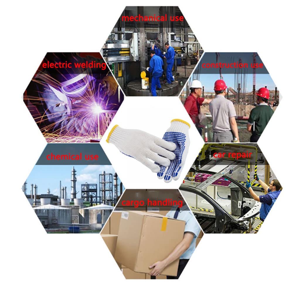 Lot de 12 paires de gants de travail blancs en coton avec revêtement en caoutchouc à pois pour la construction, le jardinage, le nettoyage des gants de travail respirants