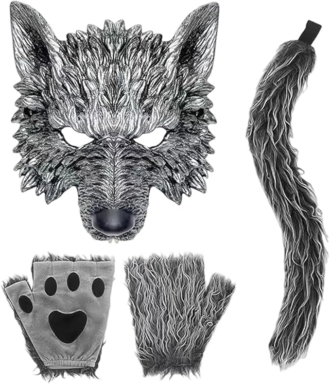 SYTTNUM Set 3 Piezas Disfraz Lobo para Adultos – Máscara, Cola y Guantes de Peluche – Traje de Hombre Lobo Suave para Carnaval Halloween Cosplay