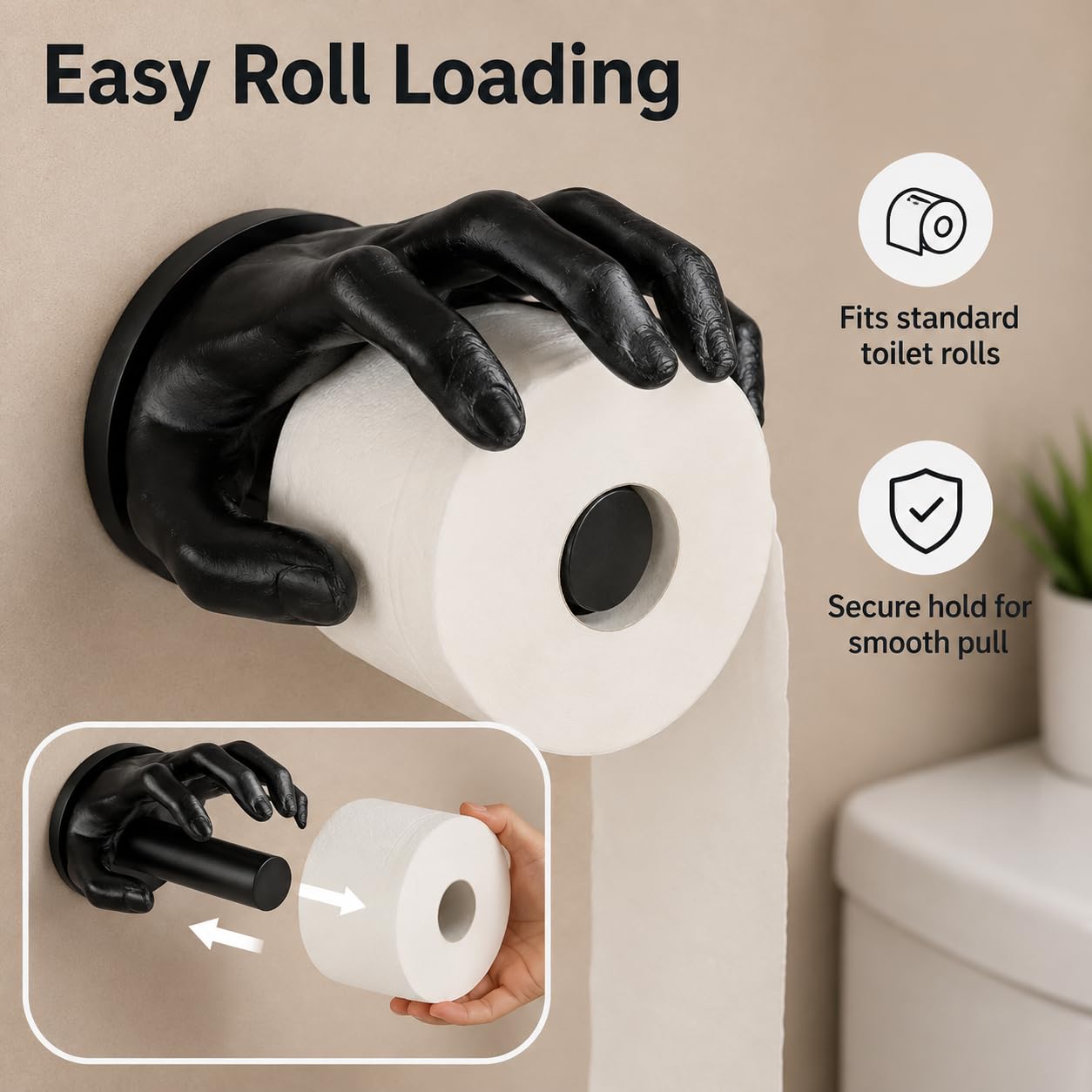 Portarrollos de Papel, Soporte de Pared Mano Negra 3D para Baño