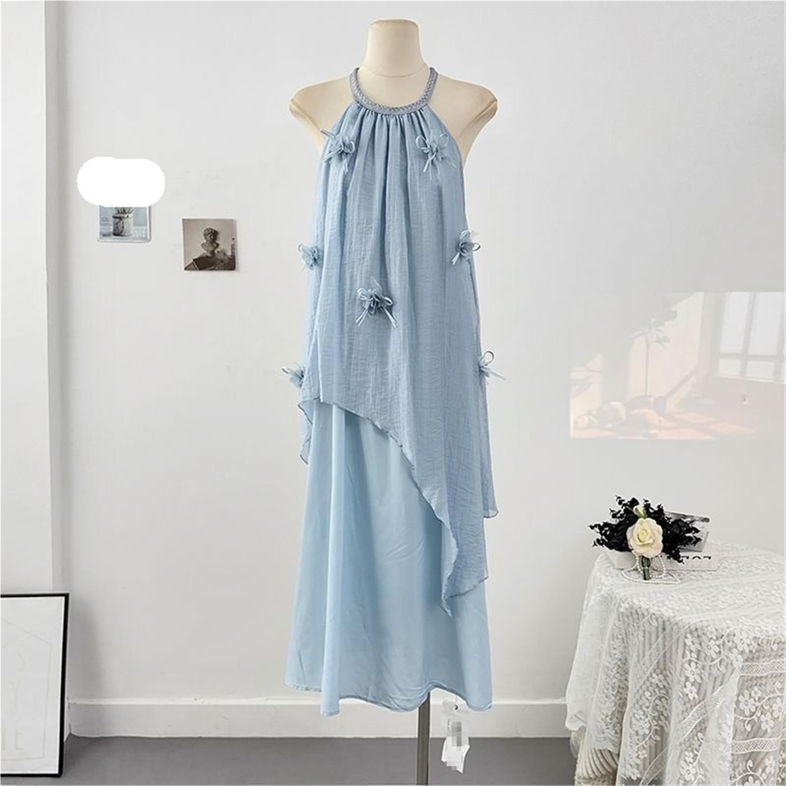 Verano suave moda versátil dulce vacaciones fresco Color puro cuello colgante vestido de tirantes atmósfera elegante viento