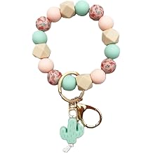 Silicone Beaded Wristlet Bracelet Keychain, Cute Cactus Beaded Bangle Elastic Keys Ring Holder Chains for Women Gift
