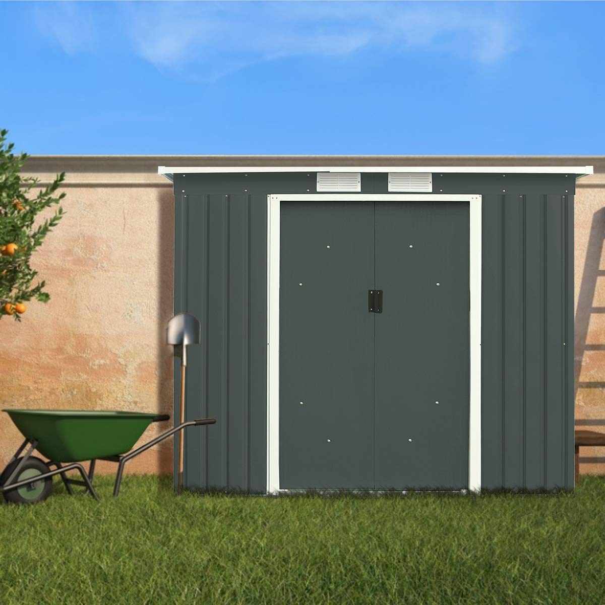 GOPLUS Metalowy domek na narzędzia 213 x 130 x 173 cm, szopa na narzędzia z drzwiami przesuwnymi, oknami i fundamentem, ocynkowana, odporna na warunki atmosferyczne, do ogrodu, na podwórko/balkon