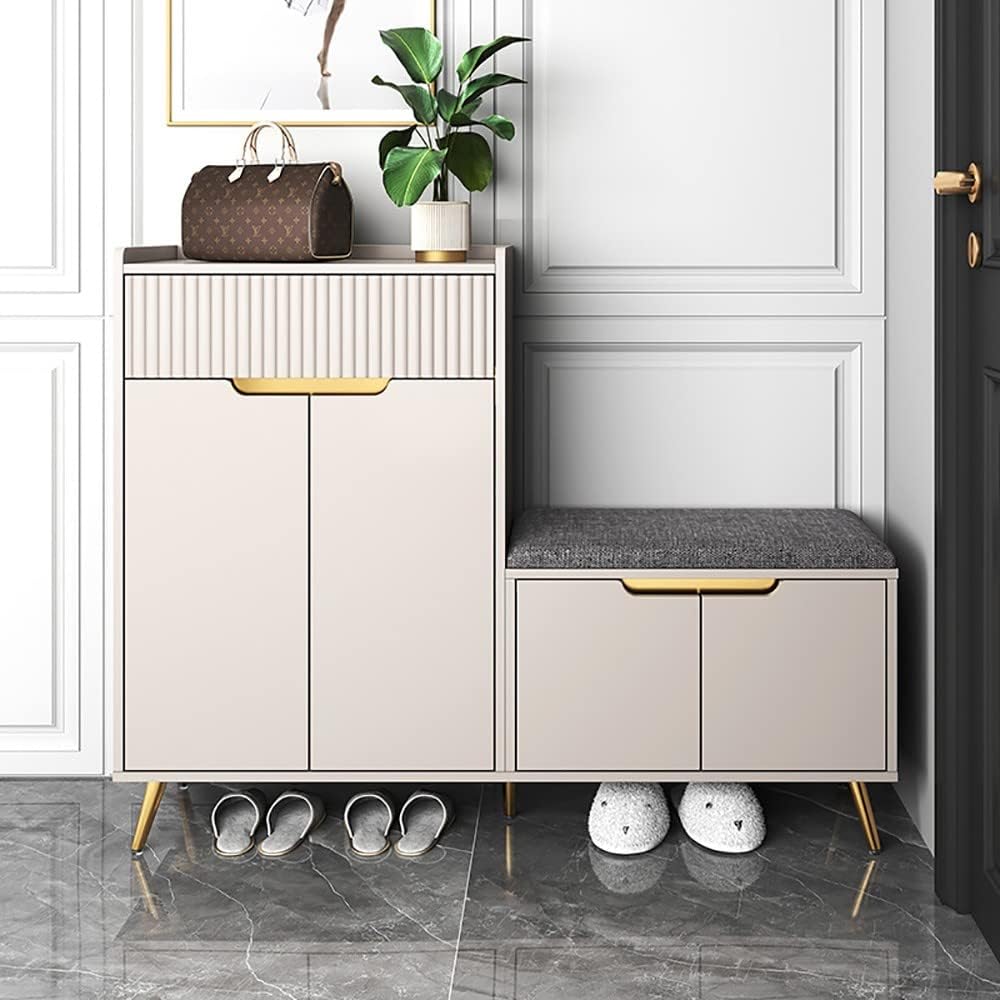 angroups Banco Zapatero Recibidor en Madera con Asiento, 2 Estantes Armario Zapateros con Asiento Cuero,Multifuncional Zapatos Entrada Pasillo Organizador Ahorra Espacio 120X94X35CM