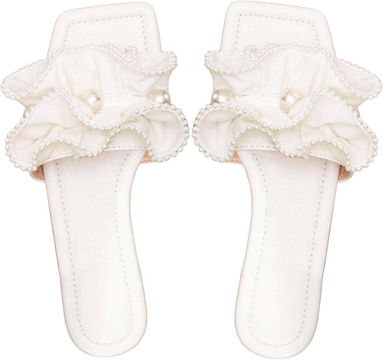 Verdusa Women’s Ruffle Pearl Sandals Wedding Square Toe Slip on Slides Summer Slippers Verdusa Women’s Ruffle Pearl Sandals Wedding Square Toe Slip on Slides Summer Slippers