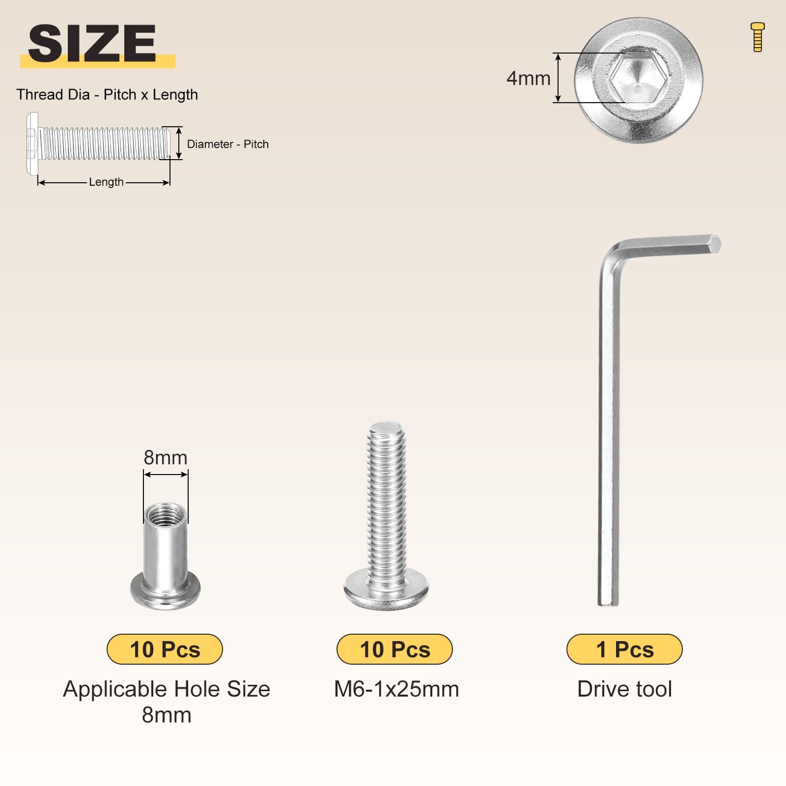 METALLIXITY Furniture Connector Bolt Cap Nut Kit with Wrench(M6-1x25mm) 20Pcs - Image 2