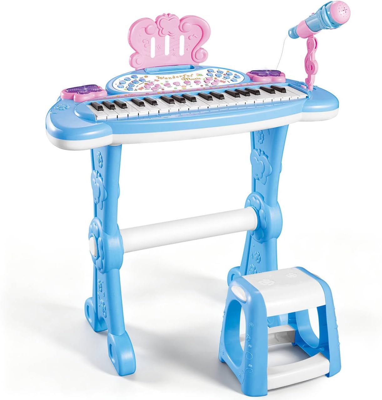 deAO Piano Keyboard Toys 37 Keys Toddler Pianos with Stool Microphone,Blue