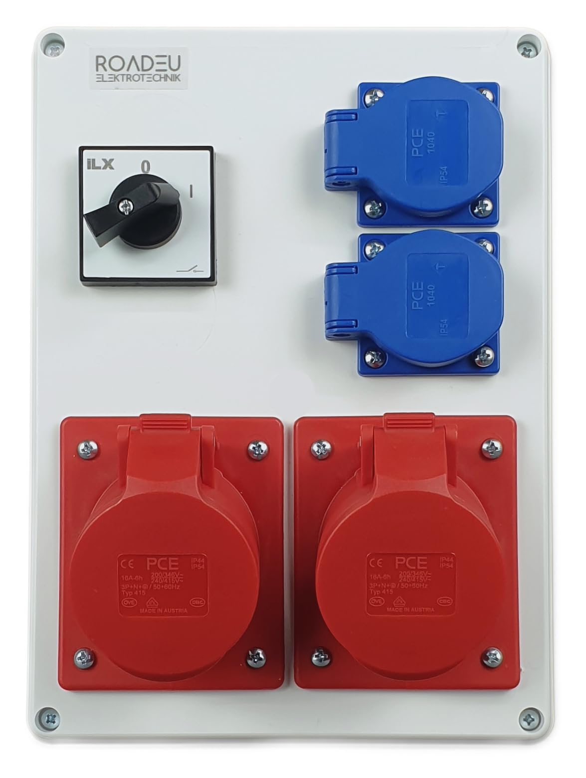 RoadEu - Caja de Distribución Eléctrica 16A con interruptor principal 0-1. 2 enchufes CEE 16A con Schuko de 230V. Cuadro electrico superficie IP44. Tomas múltiples industriales para obras