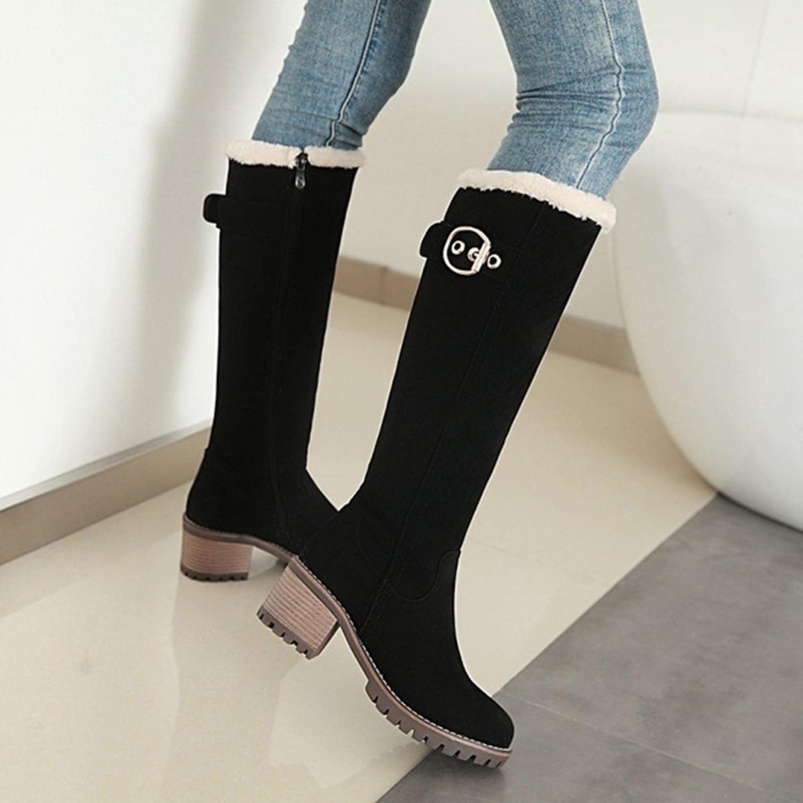 Bottes d'hiver Femme, Bottes Mustang Hautes Vintage Bottes de Neige Fourrée Chaude Escarpins Talon Moyen Tendance Chaussures Outdoor Bottes d'équitation