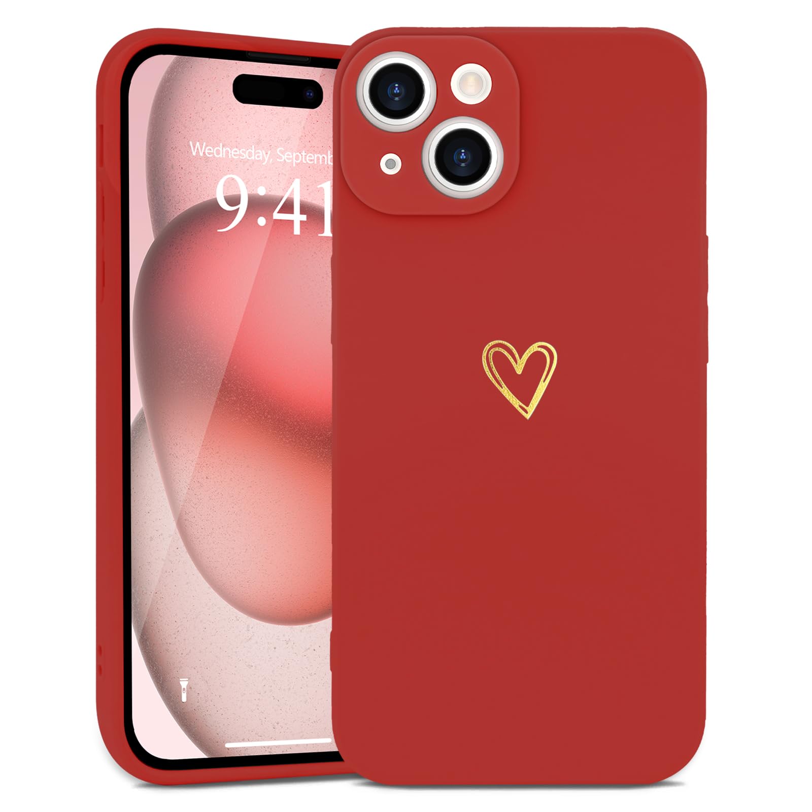 Wirvyuer for iPhone 15 Plus Case Cute Heart Pattern Soft Shockproof Protective Silicone Phone Case for Women Girls Bright Red