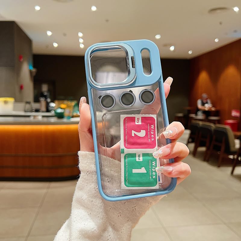 LuxuryKase Clear Case for iPhone 17 Pro | Metal Lens Protector & 180° Rotating Bracket | Shockproof Transparent Hard Back Cover with Soft TPU Frame - Sierra Blue