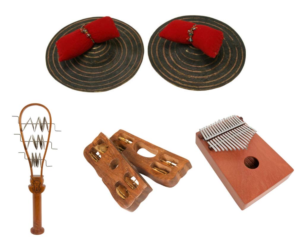Package Includes: 6" Dobani Hand Cymbals + Ceremonial Systrum Shaker, Red Cedar + Hand Tambourine, Pair + 17 Key Kalimba Thumb Piano, Red Cedar